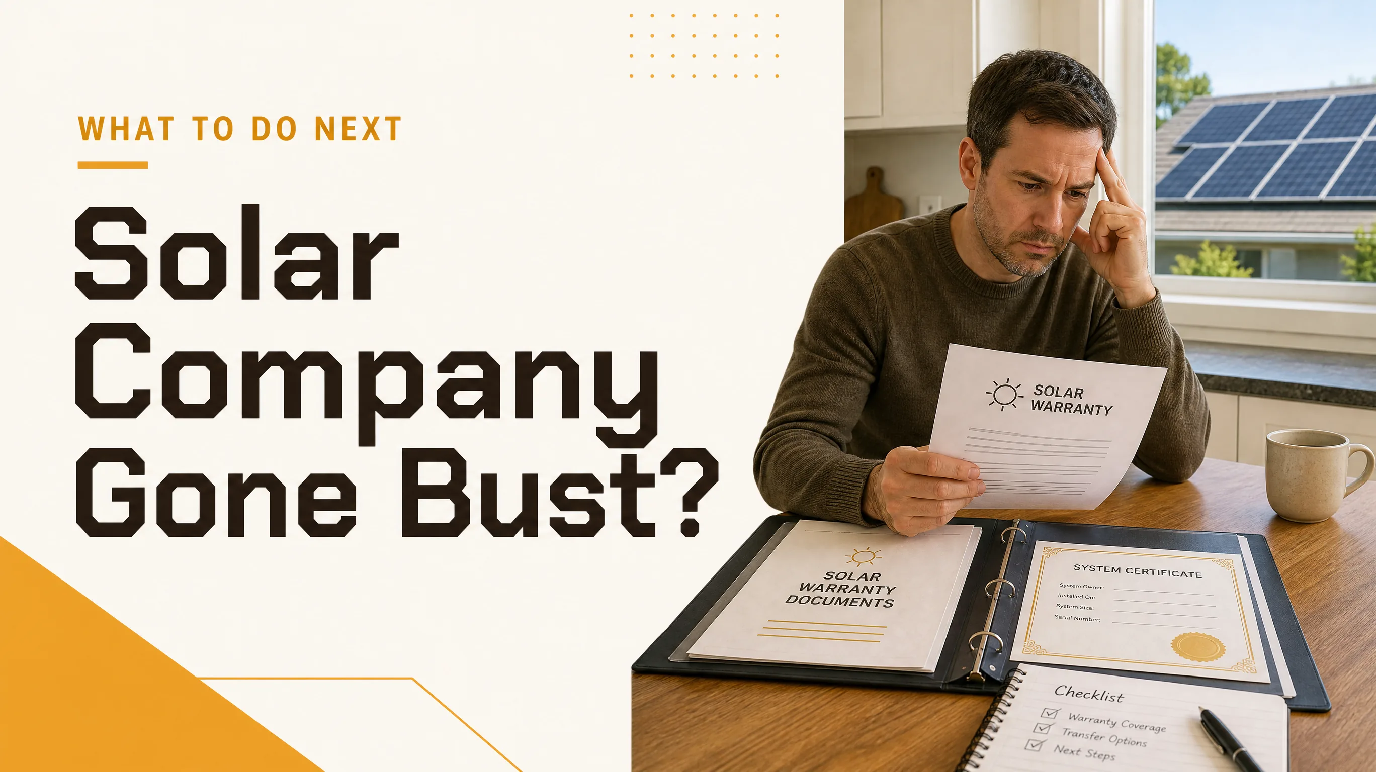 Solar company gone bust: a homeowner with solar panels and a folder of warranty paperwork